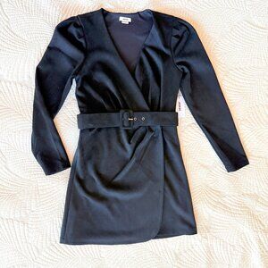 Jason Wu Black Faux Suede Belted Long Sleeve Mini Wrap Dress Size S | NWT